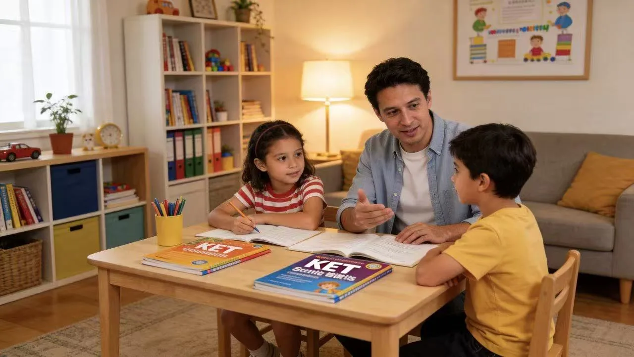 Parent helping children prepare for the KET A2 Key exam with study books