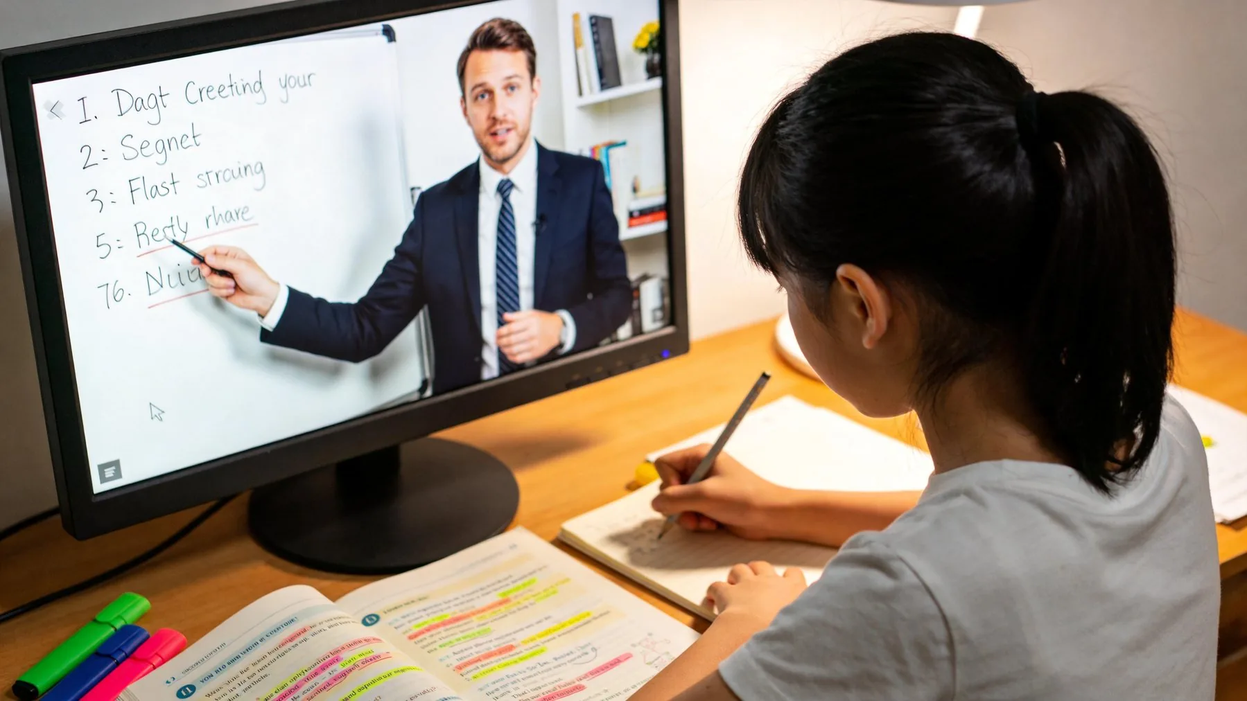 A student learning English with an online human tutor at home